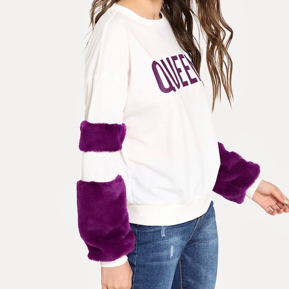 💕Faux Fur Embellished “QUEEN” Letter Sweatshirt💕 - Picture 3 of 6